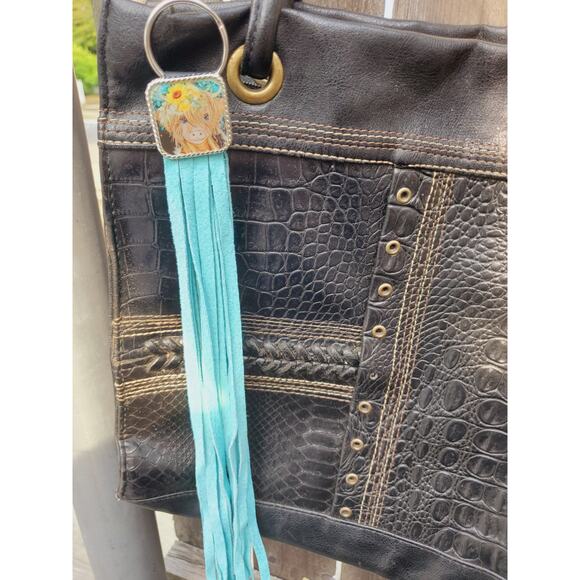 Handmade cow lover boho Leather Fringe Western bag charm, Long fringe keychain - Picture 2 of 4